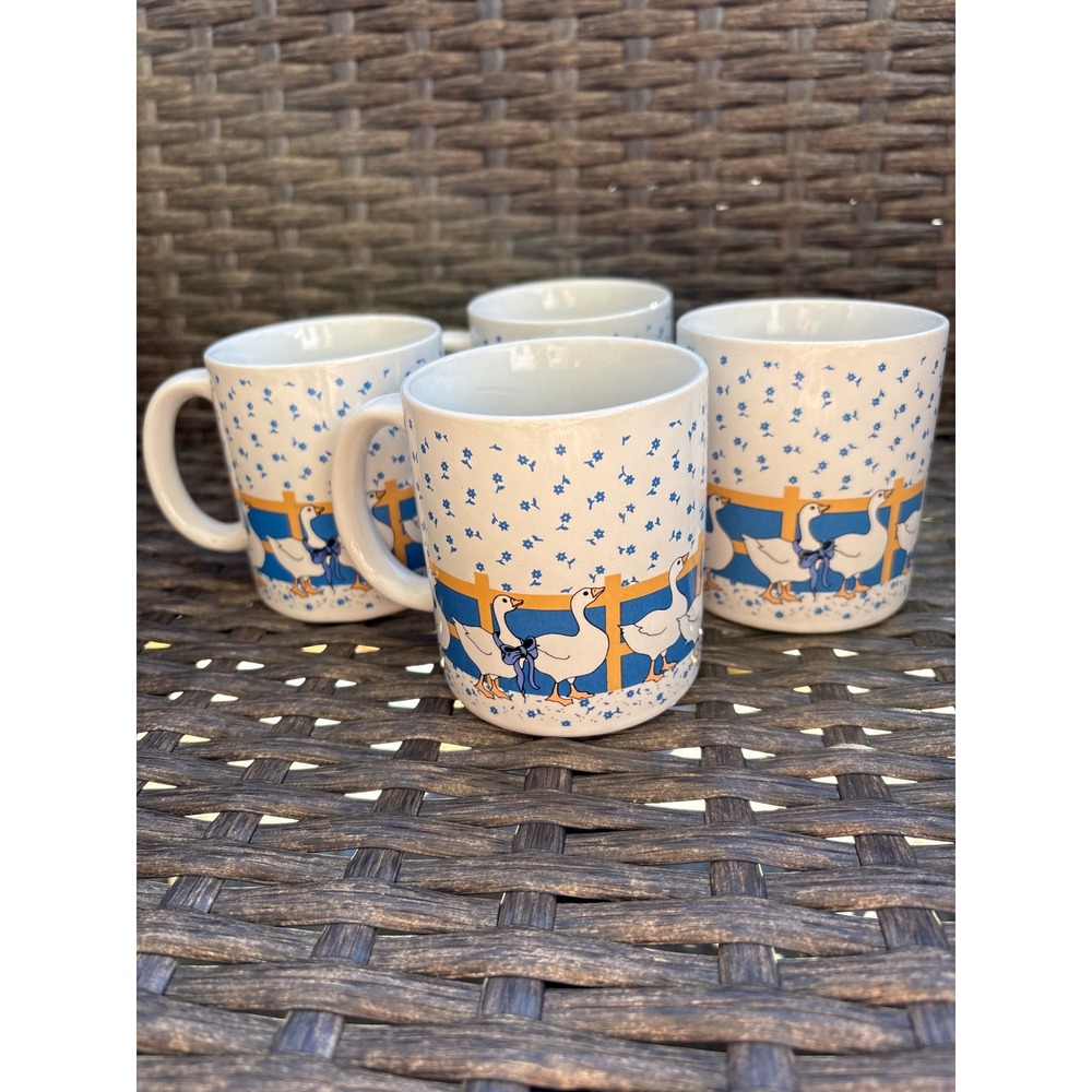 Vintage Country Geese Ceramic Coffee Mug Set of 4 Blue White Floral Cottagecore